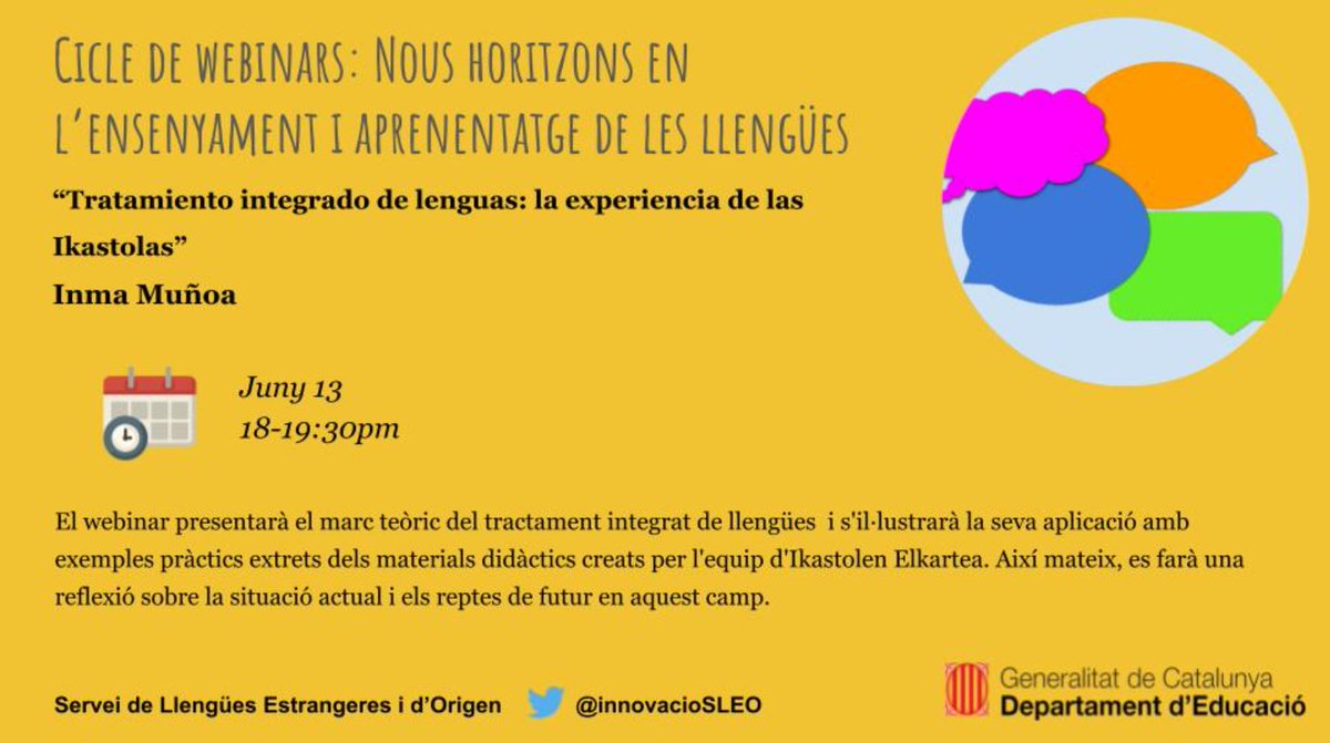 Darrer webinar d'aquest segon cicle. Dilluns 13 de juny a les 18h amb la Inma Muñoa des del País Basc. 'Tratamiento integrado de lenguas: la experiencia de las Ikastolas'. Teniu l'enllaç al vostre correu. #TIL #TILC #Ikastolas @sllengua @educaciocat @EHIkastolak @inmamunoa