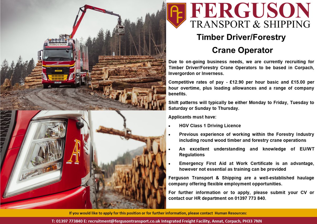 We are currently recruiting for a Timber Driver / Forestry Crane Operator to join our team. 

For more information or to apply, please contact our Recruitment Team on 01397 773840 or email recruitment@fergusontransport.co.uk

#fergusontransport #hiring #vacancies #recruitmentjobs