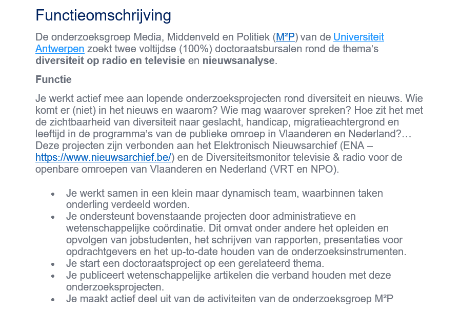 Nieuwsarchief's tweet photo. Onderzoeksgroep Media, Middenveld en Politiek @m2p_be van de Universiteit Antwerpen @UAntwerpen  zoekt twee voltijdse doctoraatsbursalen rond de thema’s diversiteit op radio en televisie en nieuwsanalyse. Meer info?📩Knut De Swert &amp; @petervanaelst https://t.co/WTc2ok1Spv