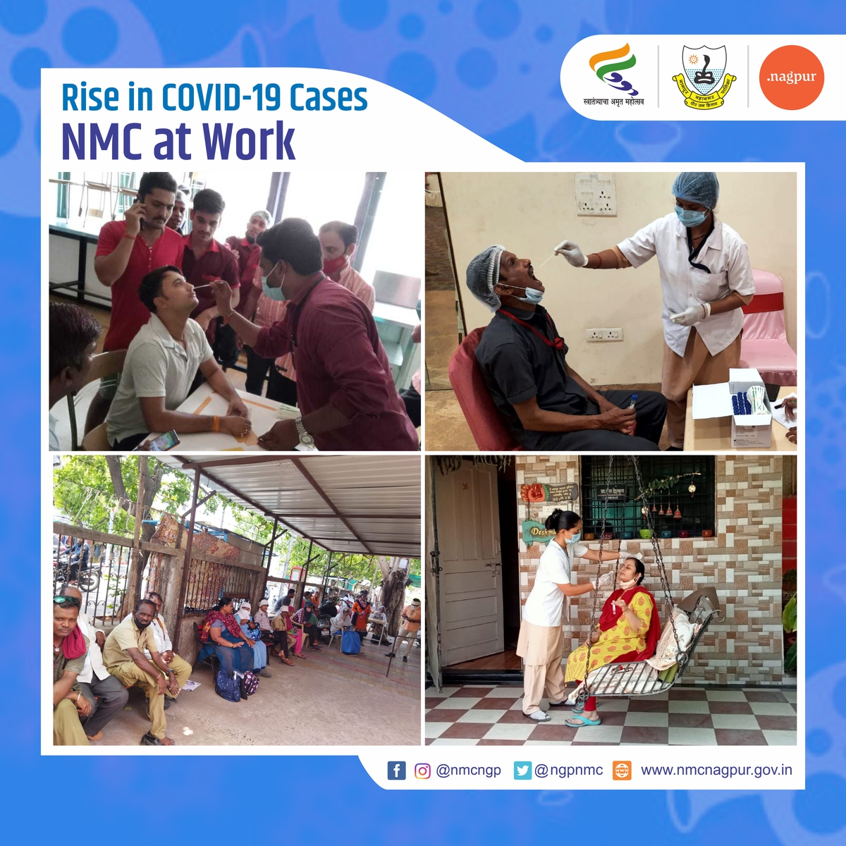 ngpnmc's tweet photo. नागपूरमध्ये कोरोना रुग्णांची संख्या पुन्हा वाढीस लागल्याने मनपाच्या कोविड चाचणी केंद्रांवर अनेक नागरिकांची करण्यात आली. तसेच मनपाच्या आरोग्य पथकांनी घरोघरी जाऊन नागरिकांची आणि मार्केट परिसरात असलेल्या प्रतिष्ठांनांतील कर्मचाऱ्यांची देखील कोविड तपासणी केली. #corona #testingcentres https://t.co/zkC95pwz5I