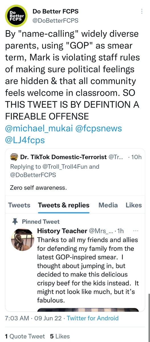 v_theclash's tweet photo. @fcpsnews @stellpekarsky
Paired tweets.
#DoBetterFCPS GOP strategist, Sue Zoldak, who has NO KIDS in FCPS complaining about a mom's benign dinner post.
VS
Julie Perry, a FCPS teacher, demonizing more than half the country whole making a CLEAR political statement. https://t.co/cvFFe6HhMv