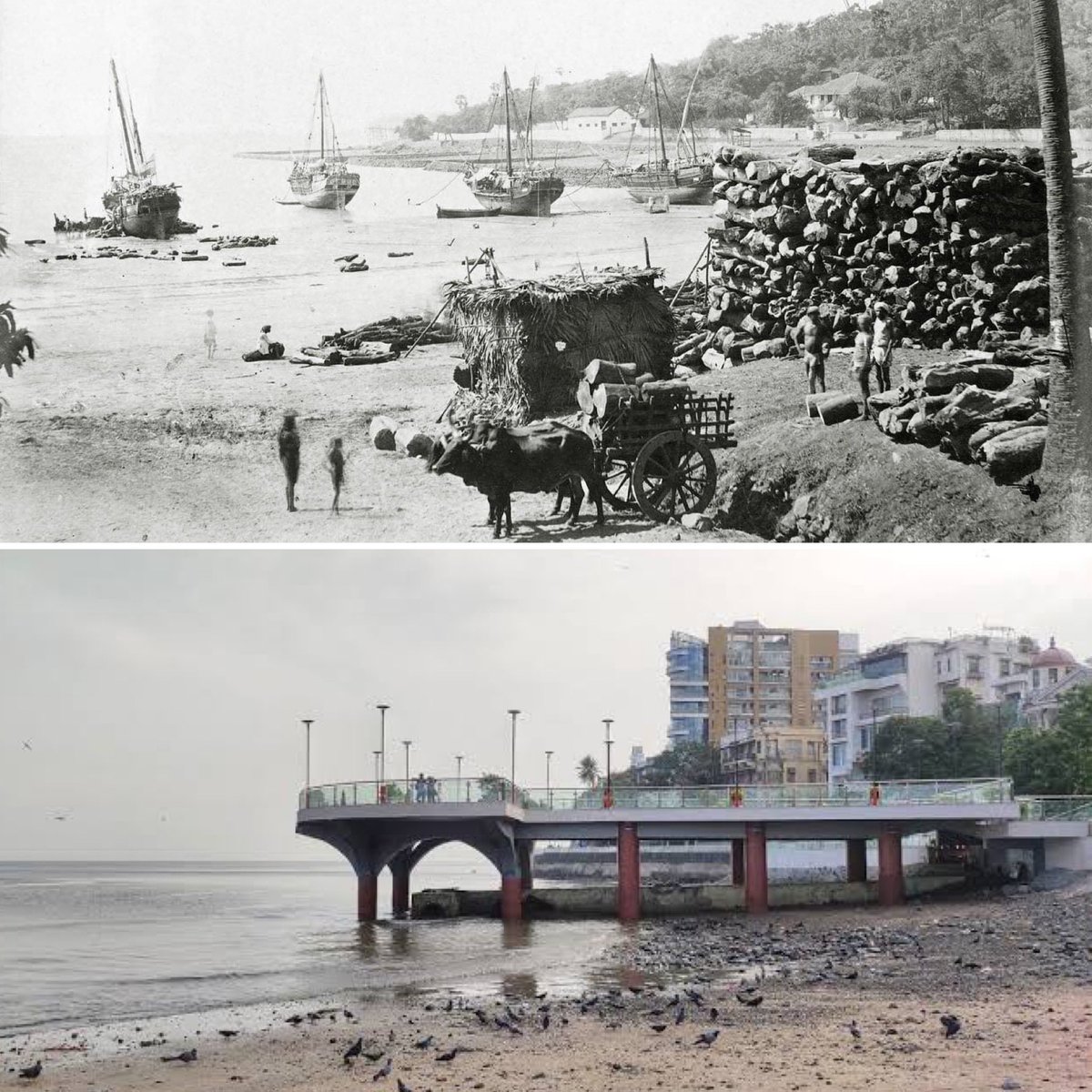 The newly opened viewing deck at Chowpatty has drawn many to visit it, but at one time this was the site of the Lakdi Bunder where boats carrying timber would be docked. Remnants of the Bunder can still be seen but hidden in the vast expanse of the viewing deck <a href="/mumbaiheritage/">Mumbai Heritage</a>