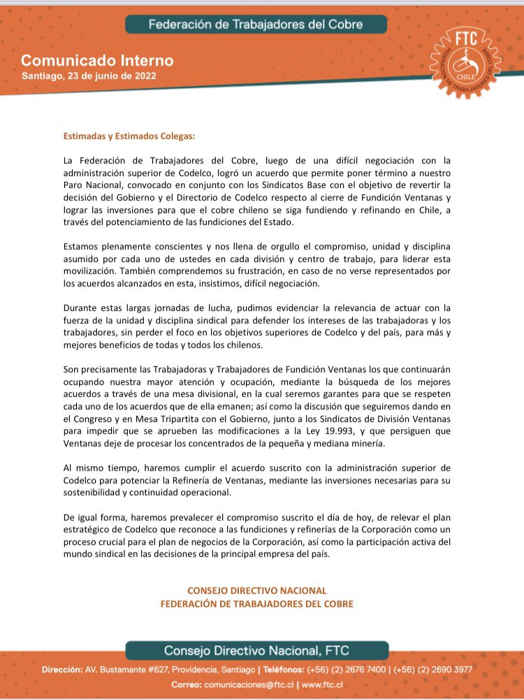 FTCobre's tweet photo. #Acuerdo
“L@s Trabajador@s de Fundición Ventanas continuarán ocupando nuestra mayor atención y ocupación, mediante la búsqueda de los mejores acuerdos a través de una mesa divisional, en la cual seremos garantes para que se respeten cada uno de ellos”. https://t.co/wVRGNUH7fb