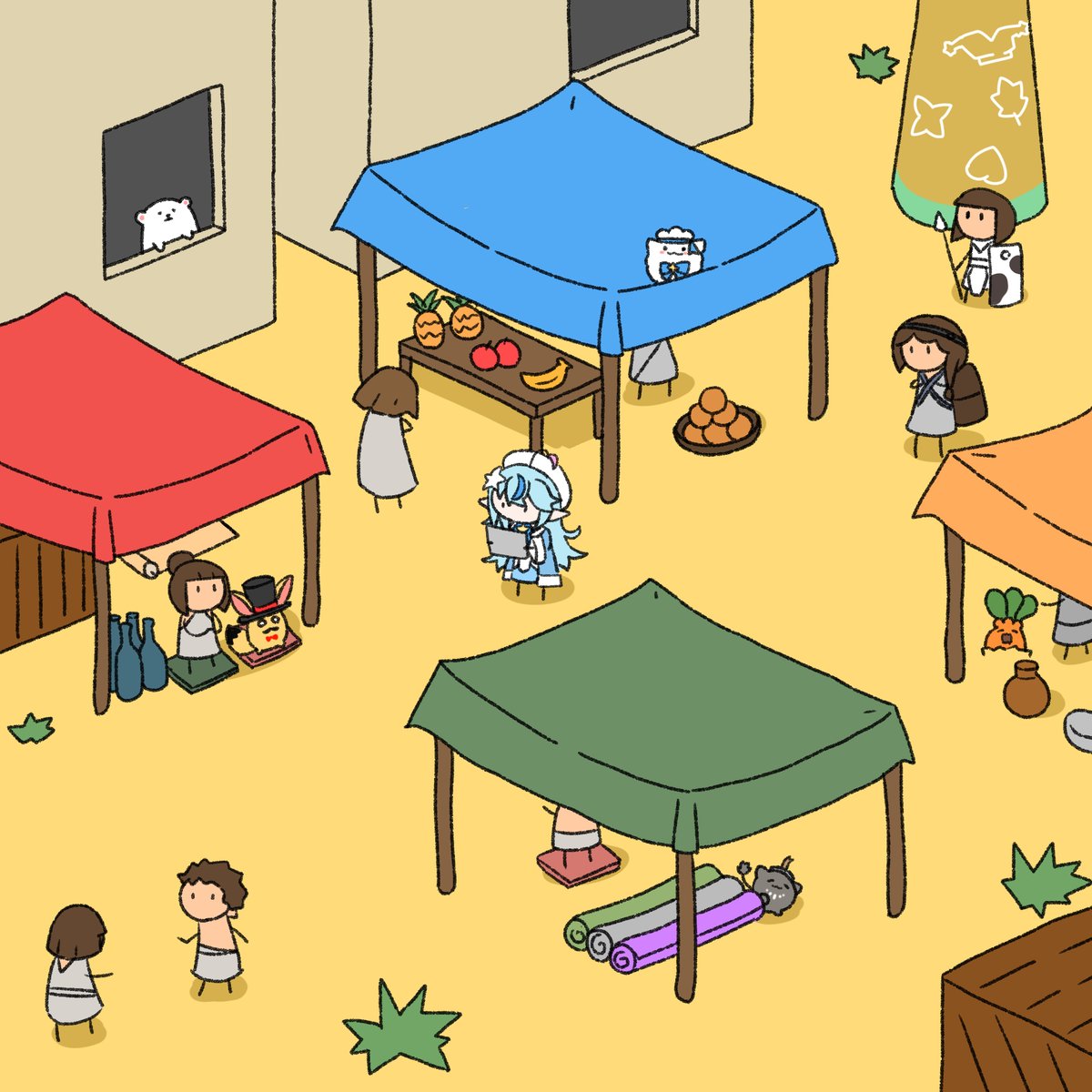 omaru polka ,yukihana lamy multiple girls fruit table blue hair hat food backpack  illustration images