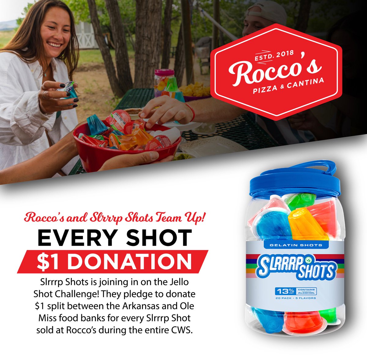 For everyone wondering how in the hell we keep up with the demand of making all these shots, the secret is we don't. We buy <a href="/slrrrp/">SLRRRP Alcohol-Infused Gelatin Shots</a> brand pre-made shots. They have decided to join us in giving back and will donate $1 for every shot sold this weekend to the food banks. Let's Go!
