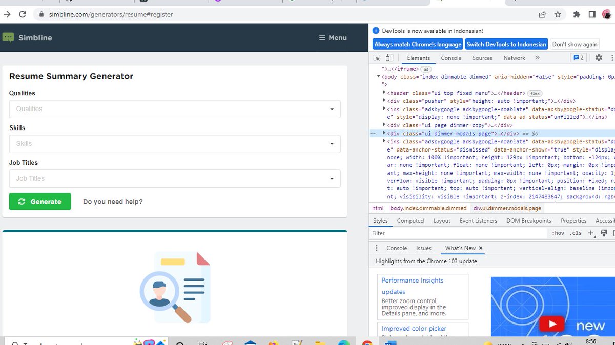 AdityaArchive's tweet photo. Ada aplikasi web seru ni, buat generate summary yg ada di cv/resume mu. Tanpa perlu musingin kata-kata apa ya yg cocok? 
Namun perlu login, tapi tenang saja bisa diakali dengan mematikan popup.
Matikan lewat inspect element, hapus div popup
https://t.co/5qyq4GHQXi https://t.co/qOwtBHABoJ