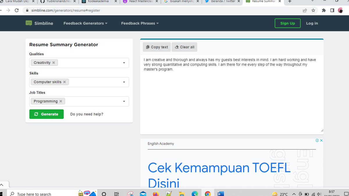 AdityaArchive's tweet photo. Ada aplikasi web seru ni, buat generate summary yg ada di cv/resume mu. Tanpa perlu musingin kata-kata apa ya yg cocok? 
Namun perlu login, tapi tenang saja bisa diakali dengan mematikan popup.
Matikan lewat inspect element, hapus div popup
https://t.co/5qyq4GHQXi https://t.co/qOwtBHABoJ