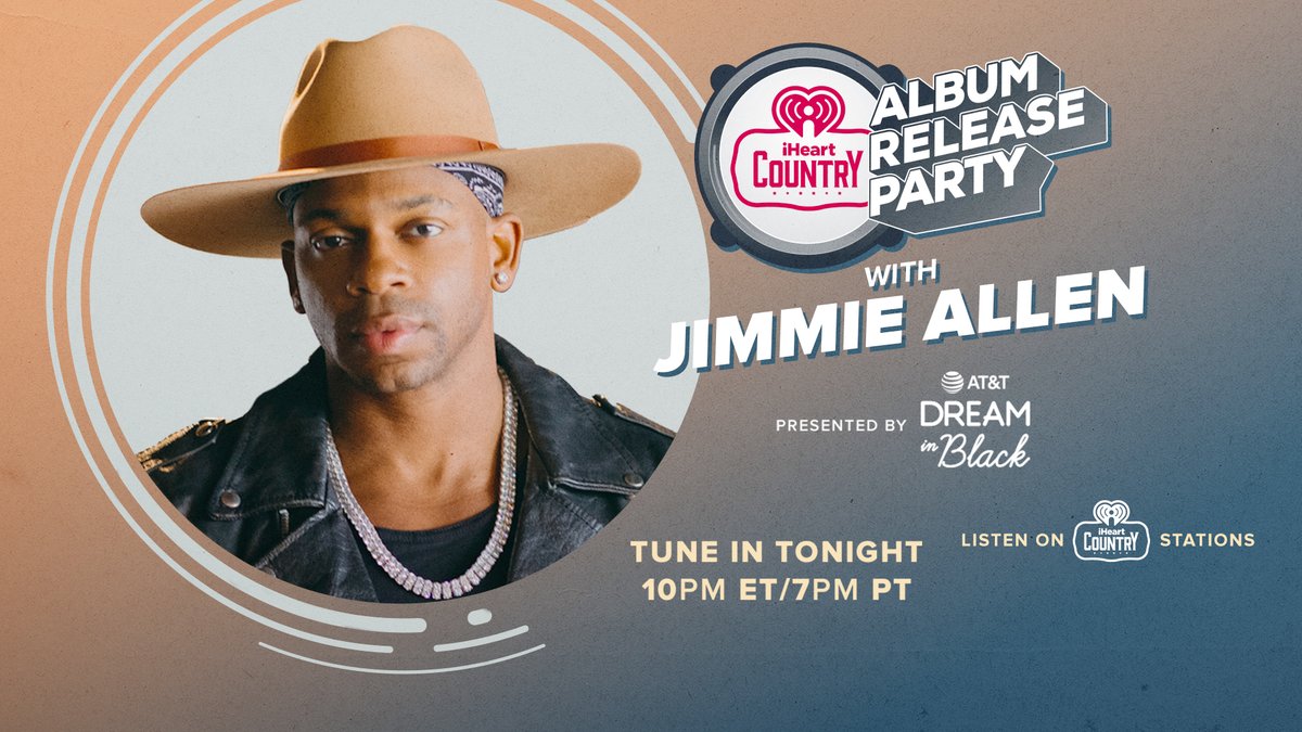STARTING NOW! 🤠🎶 Watch our <a href="/iHeartCountry/">iHeartCountry</a> Album Release Party with Jimmie Allen presented by @att Dream In Black! 

Come hangout with us and <a href="/JimmieAllen/">Jimmie Allen</a> at YouTube.com/iHeartRadio! #iHeartJimmieAllen!