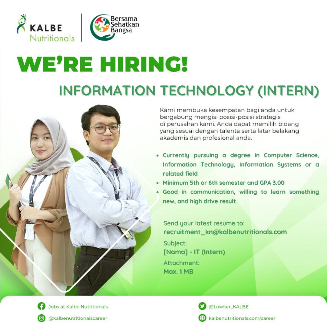 Lowker_KALBE's tweet photo. [WE ARE HIRING] Untuk sobat KNers yang ingin memulai karir di bidang IT dan mau menjadi bagian dari 𝐊𝐚𝐥𝐛𝐞 𝐍𝐮𝐭𝐫𝐢𝐭𝐢𝐨𝐧𝐚𝐥𝐬, bisa langsung kirim CV terbaik kalian ke alamat Email tercantum

#BePartofKN #ProudtobeKNers #KalbeNutritionals https://t.co/4dLVzV9nh8
