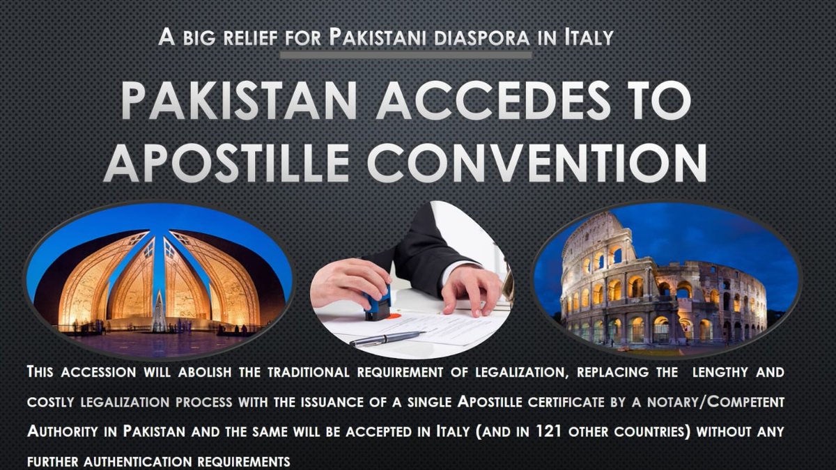 Jauhar Saleem (@jauharsaleem) on Twitter photo Pakistan has acceded to Apostille Convention. Great news for our community in Italy which long called for it so their documents authenticated in Pakistan be accepted in Italy without additional authentication.
<a href="/ForeignOfficePk/">Ministry of Foreign Affairs - Pakistan</a> <a href="/mophrd/">Ministry of Overseas Pakistanis & HRD</a> <a href="/PTVHomeOfficial/">PTV Home</a> <a href="/appcsocialmedia/">APP</a> #Pakistan Pakistan has acceded to Apostille Convention. Great news for our community in Italy which long called for it so their documents authenticated in Pakistan be accepted in Italy without additional authentication.
<a href="/ForeignOfficePk/">Ministry of Foreign Affairs - Pakistan</a> <a href="/mophrd/">Ministry of Overseas Pakistanis & HRD</a> <a href="/PTVHomeOfficial/">PTV Home</a> <a href="/appcsocialmedia/">APP</a> #Pakistan
