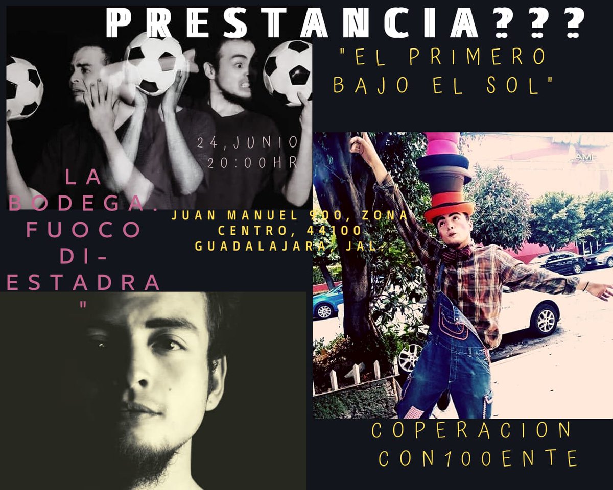 Viernes 24 de junio
Nuestro amigo Juanito Alkachofa presenta su #workinprogress 
PRESTANCIA "El primero bajo el sol"

Te esperamos mañana en #labodega a partir de las 19:30

Juan Manuel #900 esq. Jesús, zona centro