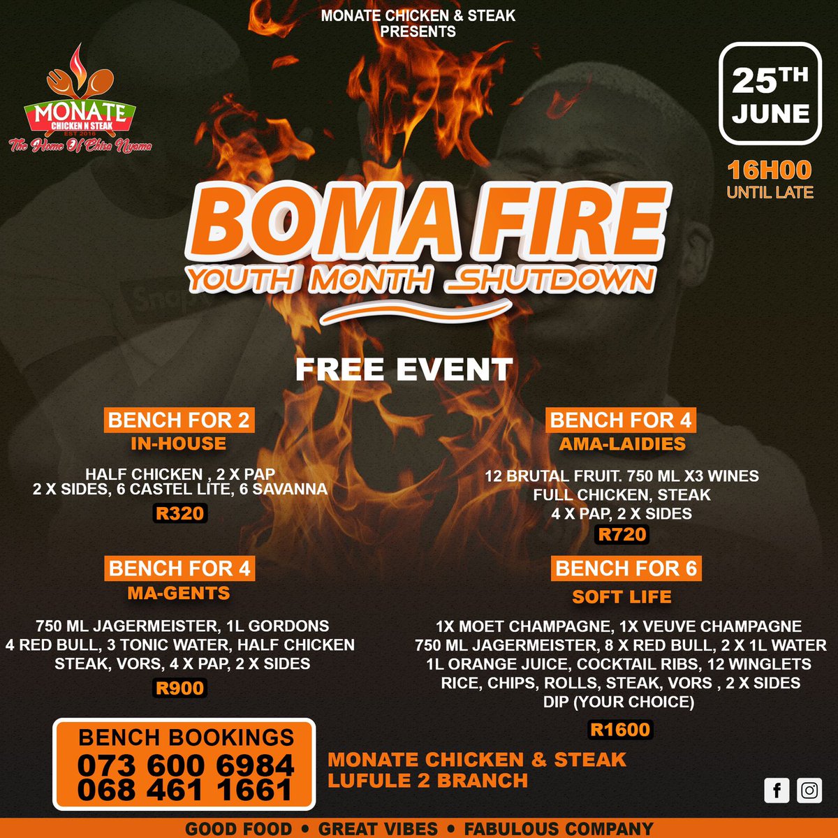 monatechicken's tweet photo. It's a Boma Fire Youth Month Shutdown Date at Monate Chicken &amp; Steak Lufule this Saturday 25 June 2022 at 16h00

Book your bench in time
📞068 4611661 /0736006984 or watsaap us
Free Event | Camp chair and cooler box allowed https://t.co/6H1VMgzd7t