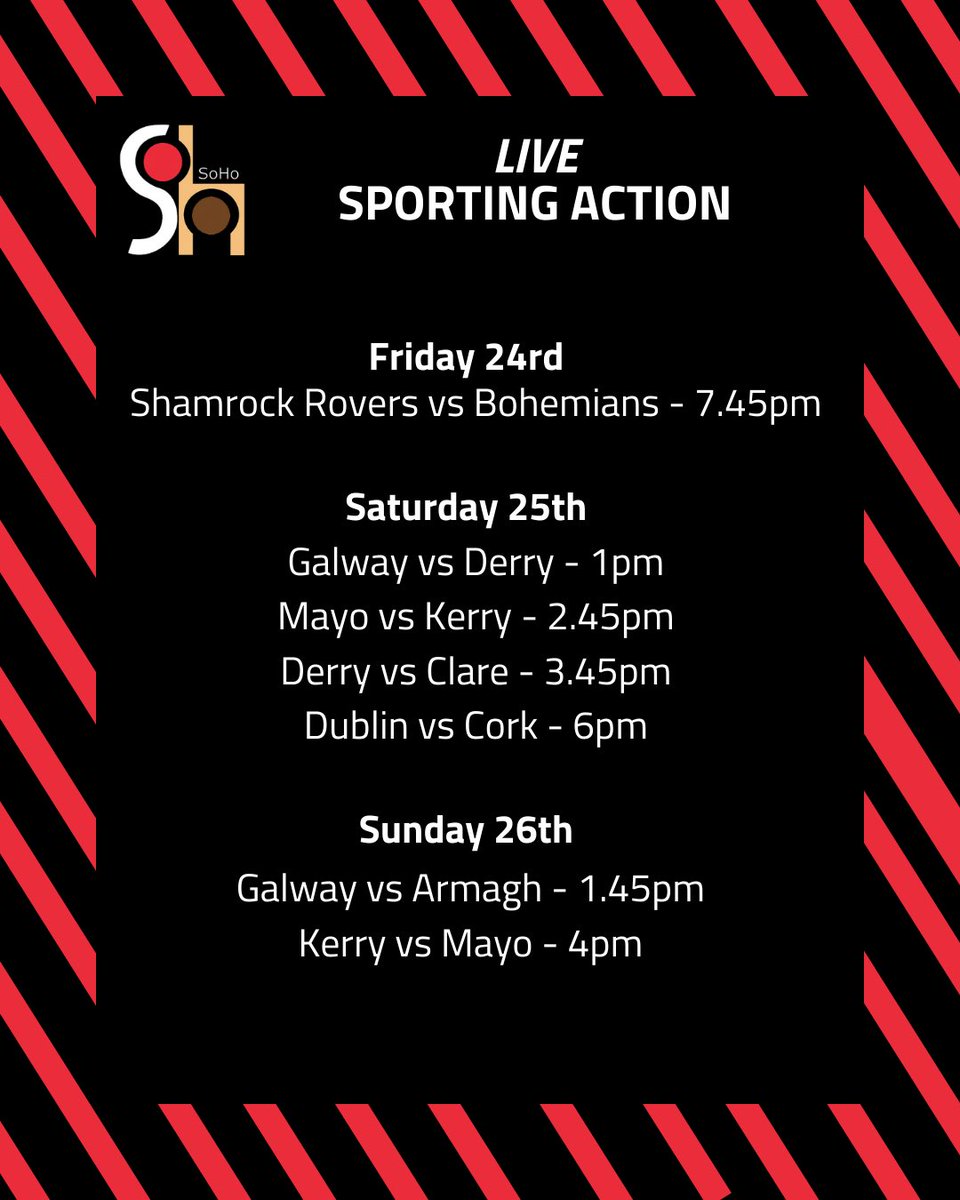 Catch all the live action this weekend on our big screens - plenty of match day pints, food and craic to be had 📍

Walk ins via our main bar or book online soho.ie 

#sohobarcork #livesport