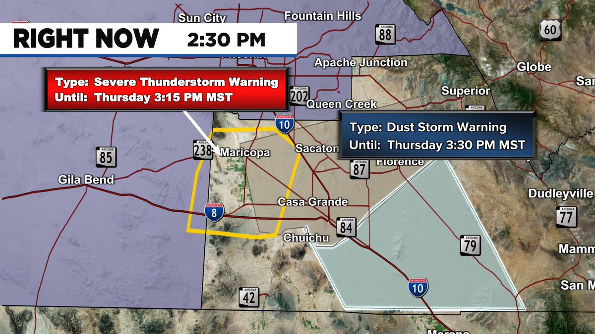 SeanOnTV's tweet photo. Lots happening south of the Valley-#severetstormwarning for Maricopa area including Maricopa, Estrella Sailport, Olberg, Stanfield and Ak-Chin Village.
Moving N at 20. Also, #duststormwarning until 3:30 for Casa Grande, Florence Sacaton-HEADS UP I-10 drivers! #azwx #azfamily https://t.co/wz2L85byWW