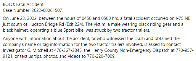 BOLO: Fatal Accident
Case Number: 2022-00061507