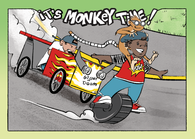 duuuufner's tweet photo. Only one more day of our kickstarter book. Here's the next Stretch Goal, a trading card of Ace. Murray is riding Ace's shoulders and in the lead on the race track while Max is right on his tail with his Go-Cart of Doom! https://t.co/7VvdsHc3uP https://t.co/HW5vfMhYZO