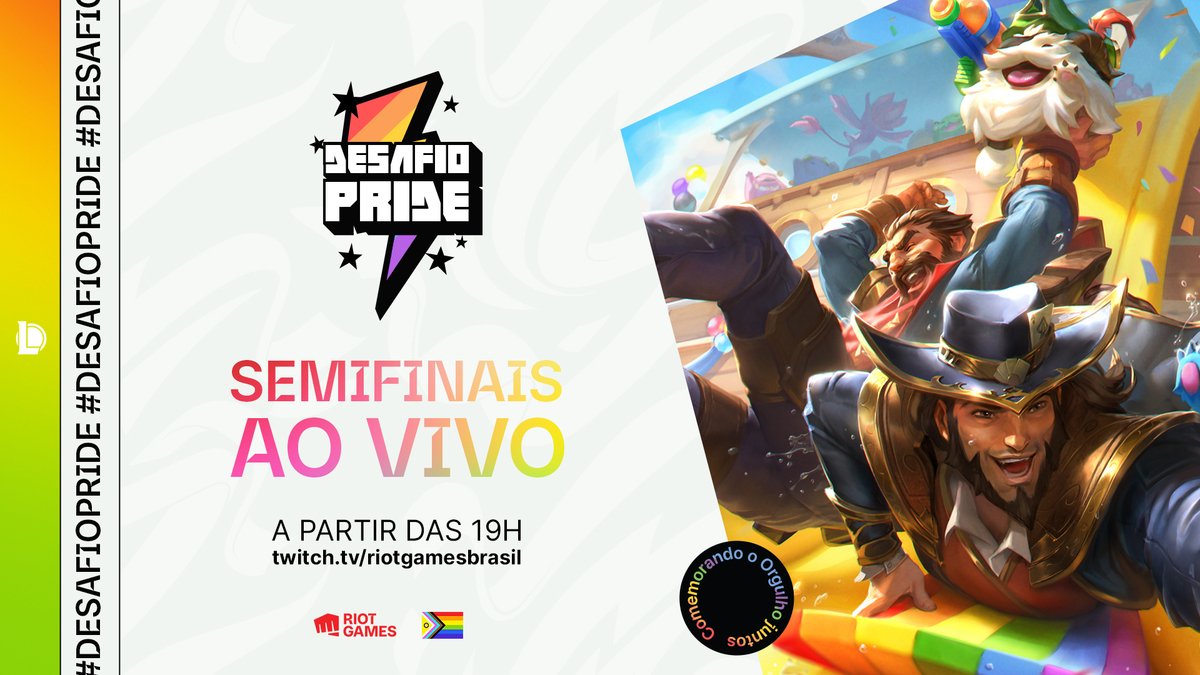 🏳️‍🌈 Vem acompanhar as semifinais do #DesafioPride!!!

🤩 4 equipes disputando para ver quem será o grande vencedor deste evento incrível!

📌 Link: twitch.tv/riotgamesbrasil