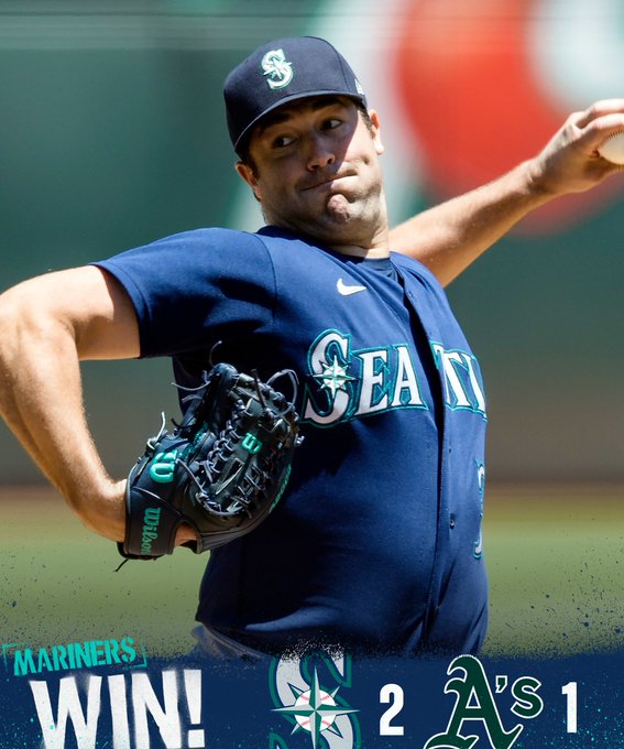 Mariners win 2-1! Win graphic with a photo of Robbie Ray pitching against the Athletics. 