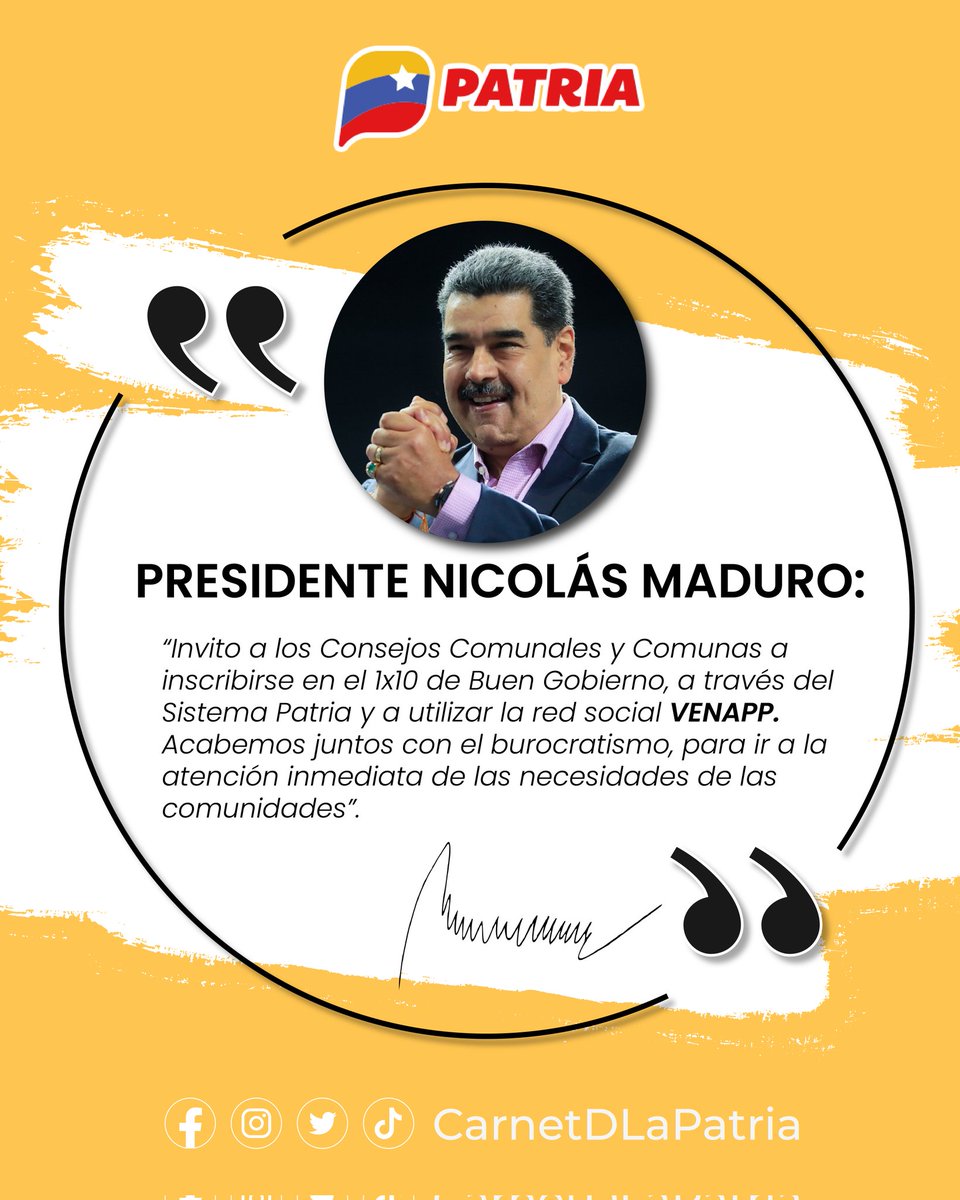 #LODIJO Nuestro Presidente <a href="/NicolasMaduro/">Nicolás Maduro</a> ..."Invito a los Consejos Comunales a inscribirse en el 1X10 del Buen Gobierno, a través del #SistemaPatria y a utilizar la red social VENAPP"...
¡No te quedes por fuera, regístrate!

#GMVVIndetenibleYVictoriosa #23Jun