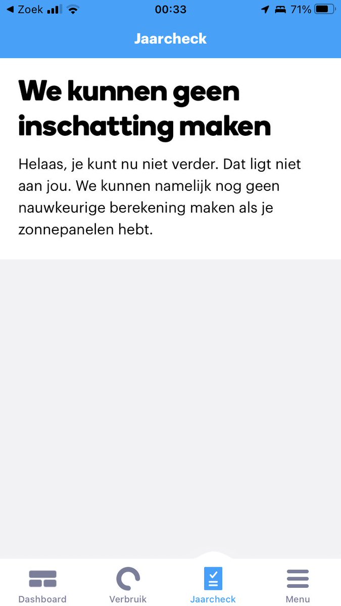 Isegrimm's tweet photo. @Oxxio Op de website staat dat ik de app moet gebruiken voor de jaarcheck, maar in de app staat dat de jaarcheck niet gedaan kan worden omdat ik zonnepanelen heb. Hoe nu verder om te zien of mijn termijnbedrag nog strookt met m’n verbruik? https://t.co/fjwH0O9dhw