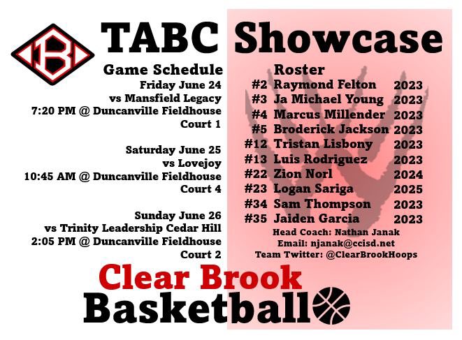 ClearBrookHoops's tweet photo. The Wolverines will be headed to Duncanville to compete at the @Tabchoops Showcase! Come check us out! @bigsloan32 @RcsSports @USAJagsCoachRR @young_jamichael @smurfmillender @BjJackson05 @thoops_2 @LoganSariga @Jaidengarcia05 https://t.co/4UMlJNbkdg