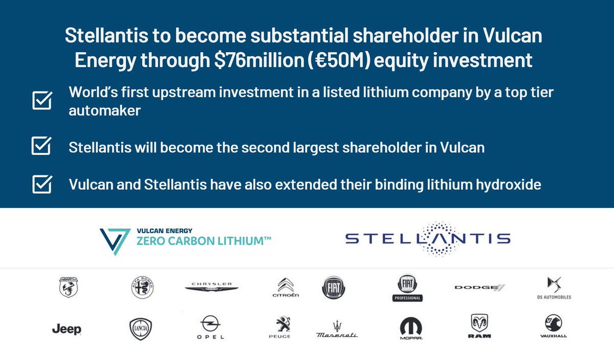 🔊 I am pleased to announce that <a href="/Stellantis/">Stellantis</a>  becomes the 2nd largest shareholder in <a href="/VulcanEnergyRes/">Vulcan Energy</a> through $76million (€50M) equity investment. This represents the world’s first upstream investment in a listed lithium company by a top tier automaker. bit.ly/3yfrsRC
