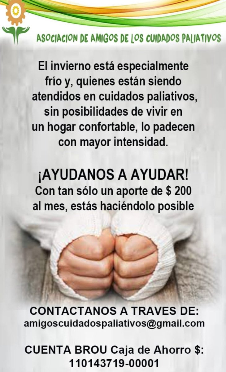 La Asociación Amigos de Cuidados Paliativos colabora con pacientes del Hospital Maciel y otros prestadores del país, mejorando su calidad de vida. Se aportan canastas de comida, mantas, estufas, entre otras cosas.