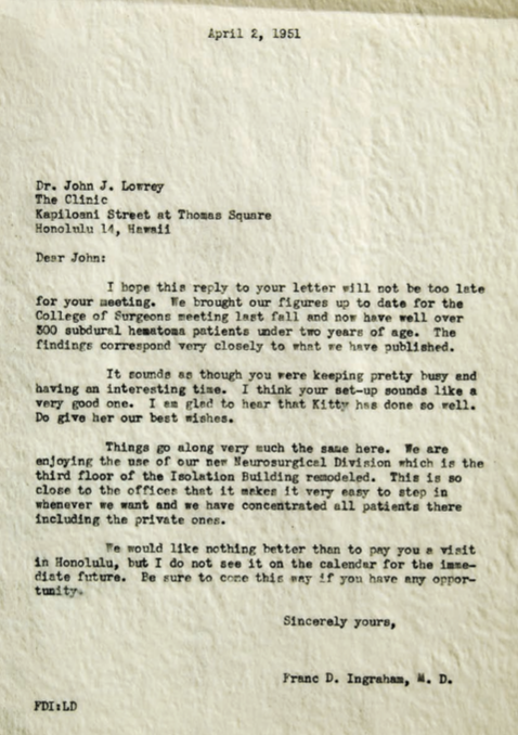 John Lowrey (Brigham '44), studied fibrin foam with thrombin for hemostasis (bit.ly/3nd9gSv) with Edgar Bering (Brigham '50) who is credited with the invention (bit.ly/3tXdnWm). Lowrey established the neurosurgery department @StraubHealth in Honolulu, HI.