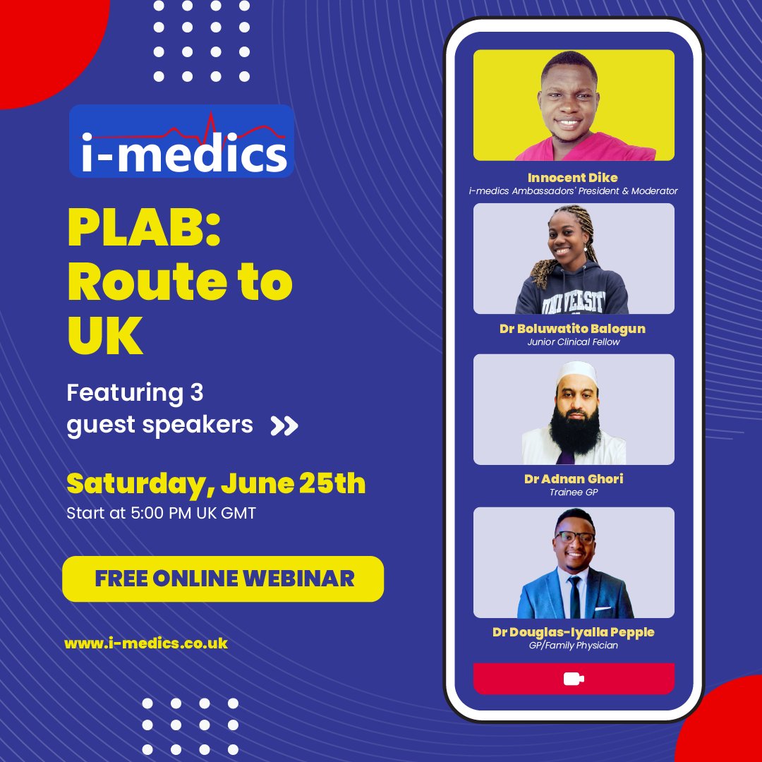 inspire_medics's tweet photo. βοΈ Route to UK: International Conference Webinar
βοΈ Hosted by i-medics
βοΈ 3 Amazing guest speakers
βοΈ Sign up here for FREE: https://t.co/fkr1yXbMN7
βοΈ Like and share
@drpepple_
@beeblu94
@CeejayInnocent
#imedics #img #plab #gmc #routetou #UK https://t.co/RnZ2bIZA5s