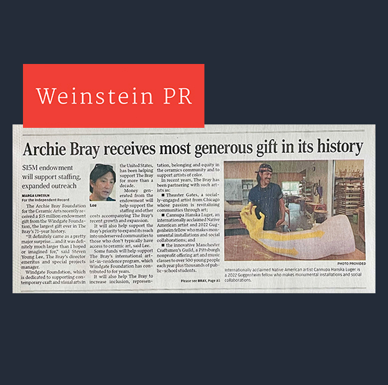Weinstein PR (@weinsteinpr) on Twitter photo Congrats to WPR client <a href="/archie_bray/">ArchieBrayFoundation</a> !
As reported in the Helena Independent Record: "The Archie Bray Foundation for the Ceramic Arts recently received a $15 million endowment gift from the Windgate Foundation, the largest gift ever in The Bray’s 71-year history.
“It definite Congrats to WPR client <a href="/archie_bray/">ArchieBrayFoundation</a> !
As reported in the Helena Independent Record: "The Archie Bray Foundation for the Ceramic Arts recently received a $15 million endowment gift from the Windgate Foundation, the largest gift ever in The Bray’s 71-year history.
“It definite
