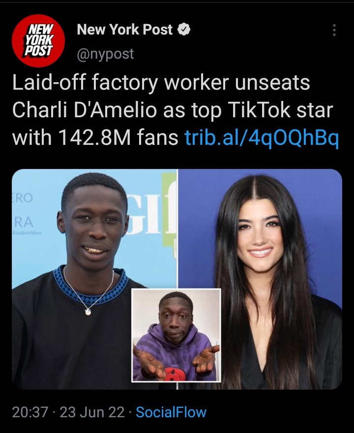 They are so racist and annoyed they can't even mention his name. We will correct it for them•

Senegal born Khaby Lame has now officially unseat Charli D'Amelio as the Most followed TikTok star with 142.5 Million followers•