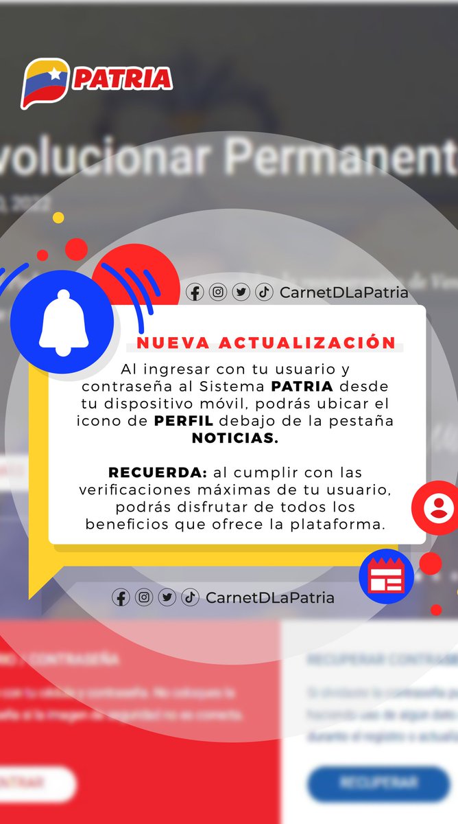 CarnetDLaPatria's tweet photo. ¡Nueva actualización! Ingresa con tu usuario y contraseña al #SistemaPatria desde tu dispositivo móvil, podrás ubicar el icono de PERFIL debajo de la pestaña NOTICIAS.  
Verifica tu usuario y disfruta de los beneficios que ofrece la plataforma.

#GMVVIndetenibleYVictoriosa #23Jun https://t.co/XQESzxTNaA