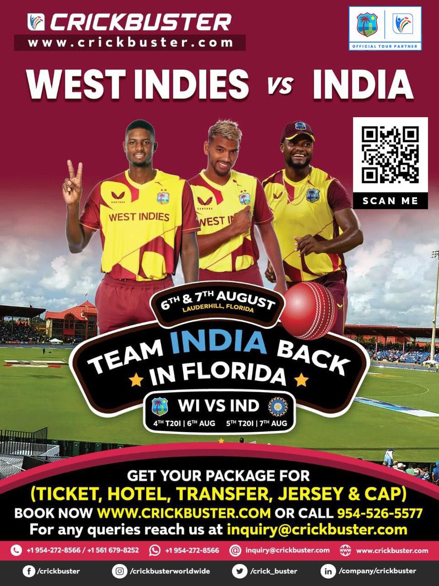 🇮🇳 IS COMING BACK TO 🇺🇸
Now is your chance to support Team India or Team West Indies here in-home. Two T20I matches will be held in Florida on August 6th &amp; 7th. Get your exclusive package now at crickbuster.com before they are all sold out‼️

🔗bit.ly/3ndEusM