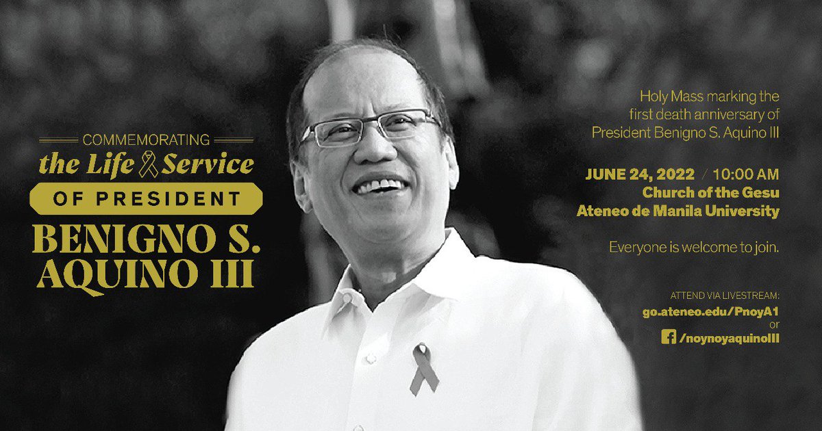 noynoyaquino's tweet photo. Today marks the first death anniversary of President Benigno S. Aquino III. Holy Mass commemorating his life and service will be held at 10:00 AM. You may participate via the live-stream link or attending in person at the Church of the Gesu in the Ateneo de Manila University. https://t.co/1cxTA1wALF
