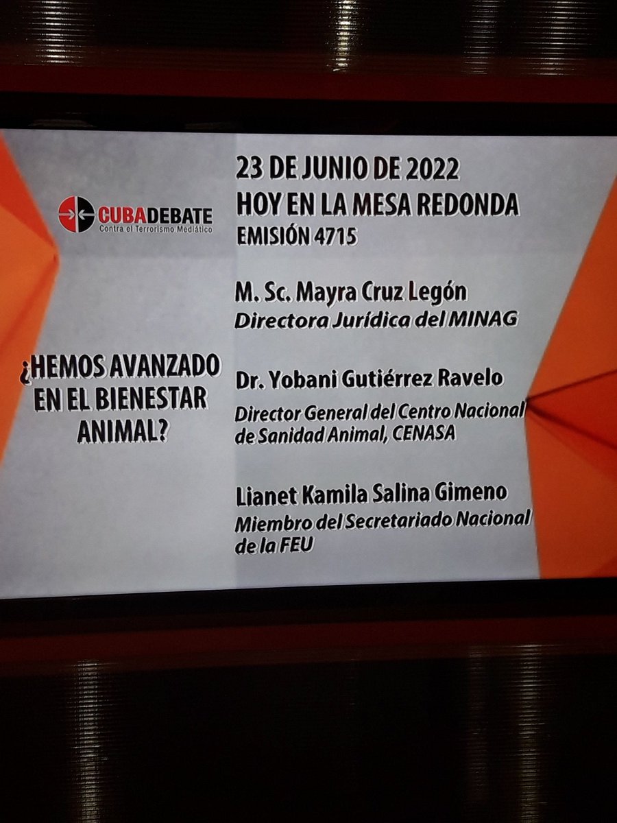 Comienza la Mesa Redonda sobre el Bienestar Animal con los panelista Mayra Cruz Legón,  Yobani Gutiérrez Ravelo y Lianet Kamila Salina. #AgriculturaCubana @MINAGCuba <a href="/MayraC_88/">Mayra cruz</a> <a href="/YobaniGutierre7/">Yobani Gutierrez Ravelo</a> <a href="/CristbalArredo3/">Cristóbal A. Arredondo Alfonso</a>
