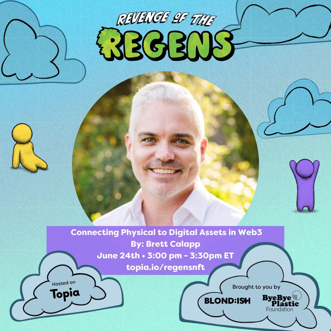 Join our co-founder @brettcalapp at 3pm ET talk about connecting physical to digital. Revenge of the Regens NFT event! You can enter the metaverse at any time by visiting topia.io/regensNFT.  @blond_ish @byebyeplastic #NFTNYC #NFTCommunity #Metaverse