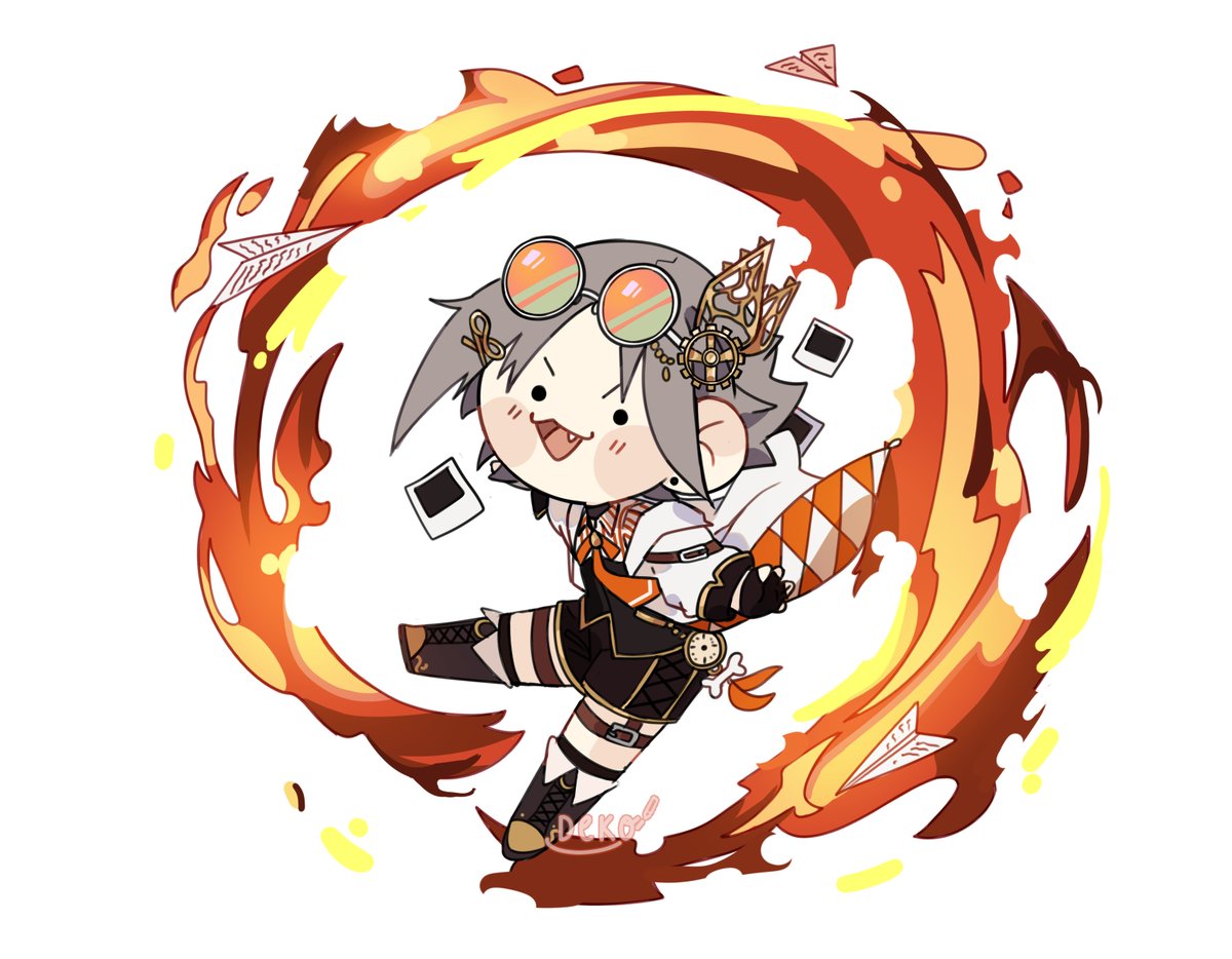 chibi 1boy male focus gloves grey hair solo fire  illustration images