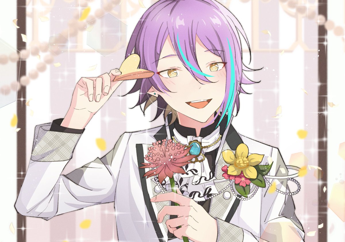 1boy male focus flower purple hair yellow eyes streaked hair solo  illustration images