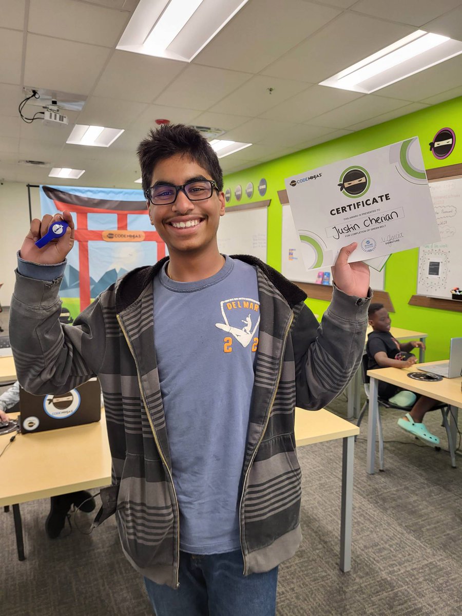 NinjasLand's tweet photo. Big smiles in the Dojo today! Justin recently turned from Ninja to Summer Camp Sensei AND he finished green belt, what a champ! #codeninjas #stem #sugarlandtx #bigsmiles https://t.co/SIxucKP6Nc