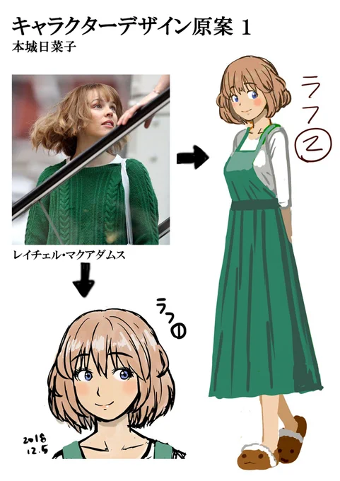 【告知】「みつば君はあにヨメさんと。」第4巻(最終巻)が6月28日(来週火曜日)発売します。今回はキャラクターデザインの原案(模索)をご紹介。日菜子はハリウッド女優レイチェル・マクアダムスの画像から発展させて作っていきました。髪の毛のふんわり度、服の色などに面影が残っています。 