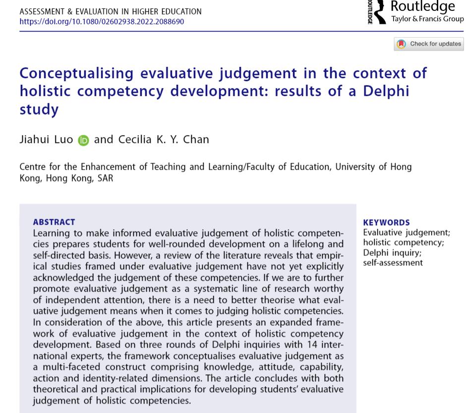 Our recent #Delphi study proposes #evaluativejudgement as a multidimensional construct in the context of #holisticcompetency development. Tremendous thanks to 14 international experts for generously sharing their thoughts on this topic! Free copies here tinyurl.com/24rutbrf