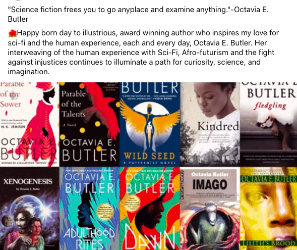 Fire_IceBooks's tweet photo. "Science fiction frees you to go anyplace and examine anything."-Octavia E. Butler🌺Happy born day to illustrious, award winning author who inspires my love for sci-fi and the human experience, each and every day, Octavia E. Butler.🌺 #OctaviaEButler https://t.co/eu5htVQ8ma https://t.co/BY7vj8vGaJ
