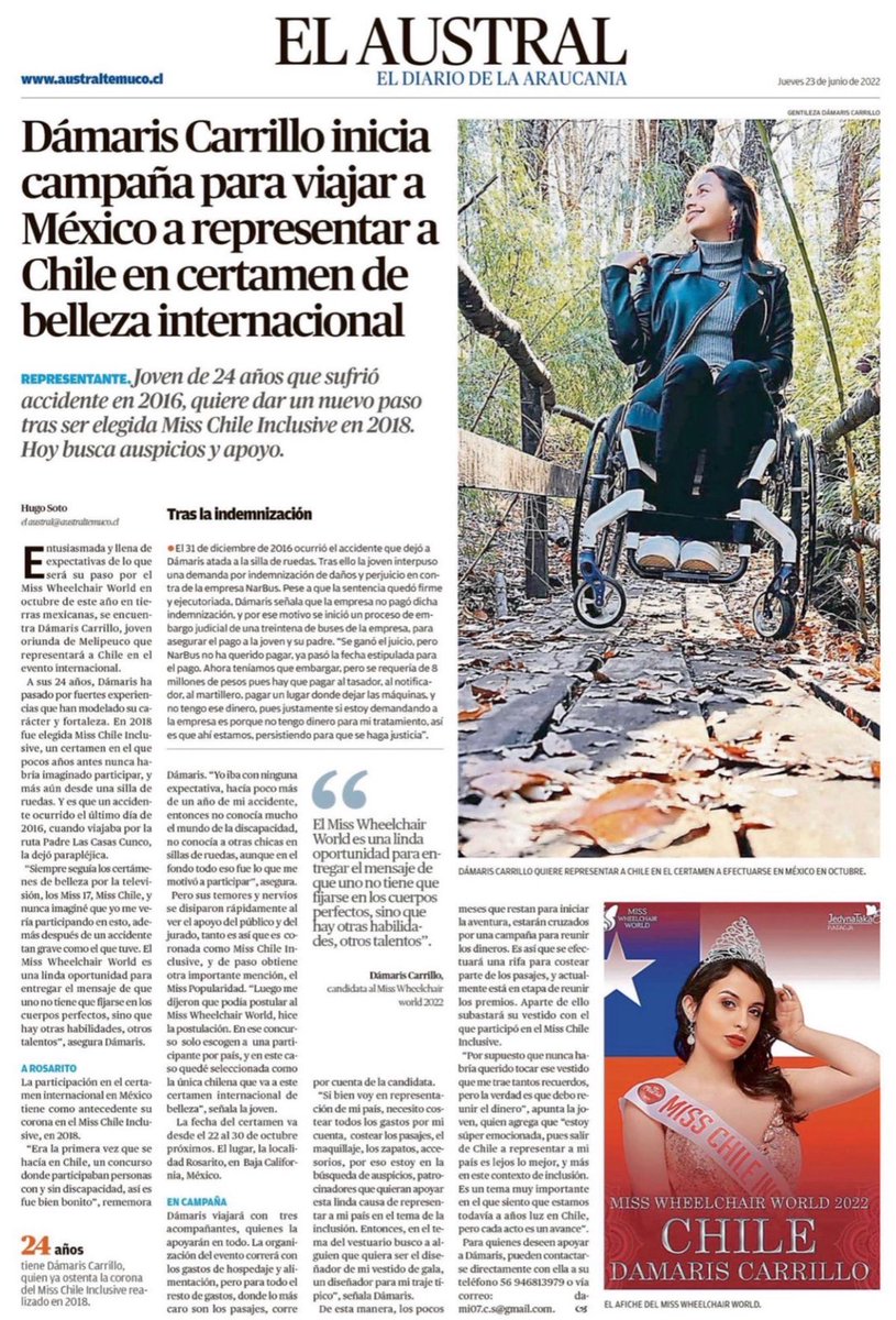 paolaretamal77's tweet photo. Nar bus no pago un peso a joven Bombera que quedó paraplejica Melipeuco. Ahora ayudemosla ir Miss Universo Inclusiva a México #narbus #justicia #MissUniverse2022 @SenadisAraucani @senadis_gob @IrinaKaramanos @SernamEGAraucan https://t.co/LAQFK3d1fT