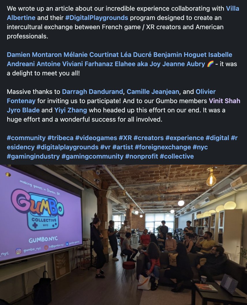 gumbo_nyc's tweet photo. Here's our @LinkedIn #article about our recent collaboration with @villa_albertine and their #DigitalPlaygrounds interculturual exchange program.

https://t.co/h9Wk1oxVW0

#gamingindustry #gamedev #xr https://t.co/WMYShufnDh