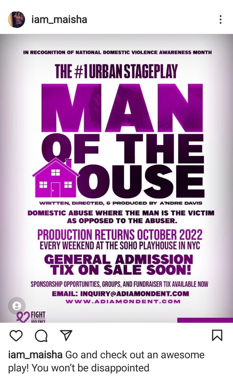 adiamondent's tweet photo. Currently sending out sponsorship pckgs for The #1 Urban Stageplay "Man Of The House" - Domestic Abuse where the man is the victim instead of the abuser. Runs every weekend in NYC for National Domestic Violence Awareness Month @budlight @SmirnoffUS @UncleNearest @JackDaniels_US https://t.co/9Sb8bcxnTw