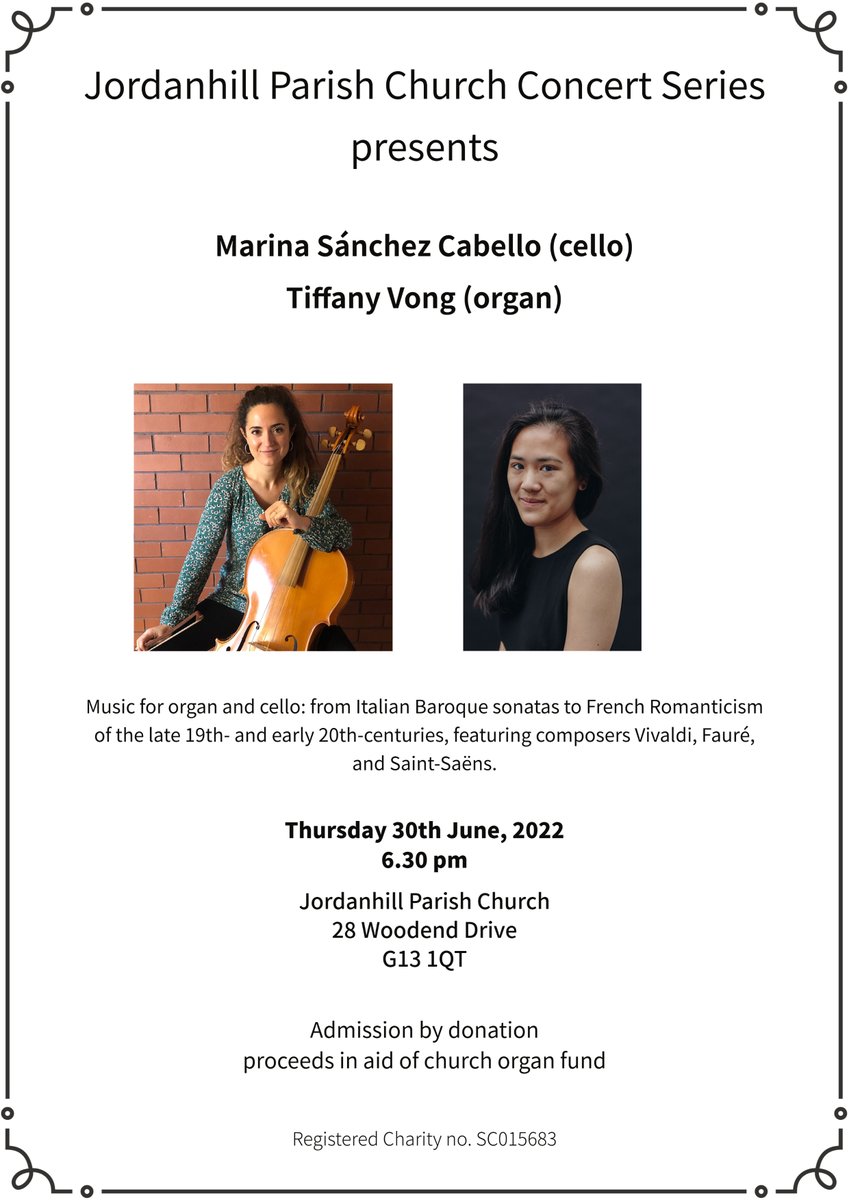 Cello and Organ Concert on Thursday 30th June, 6.30 pm at Jordanhill Parish Church. Admission is by donation which will go towards restoring our lovely but deteriorating church organ. Music will include pieces written or arranged for cello and organ interspersed with organ solos.