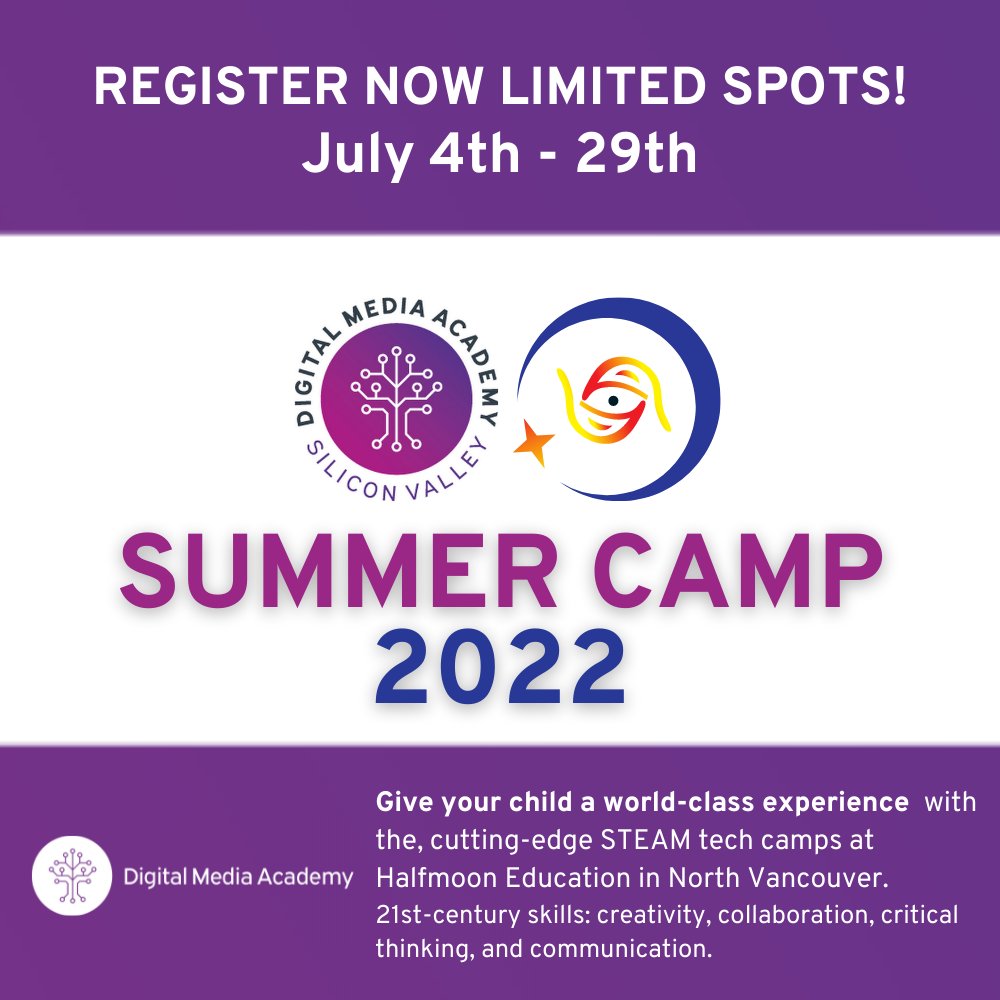 HalfmooneduNVan's tweet photo. The Summer Tech Camps NOW coming to our beautiful location in North Vancouver! The same amazing Digital media Academy Content now in the North Shore.
#ComputerScience #ArtificialIntelligence #musicproduction #creativedesign #GameDevelopment #DigitalStorytelling and #animation https://t.co/6N6u4tBNEO