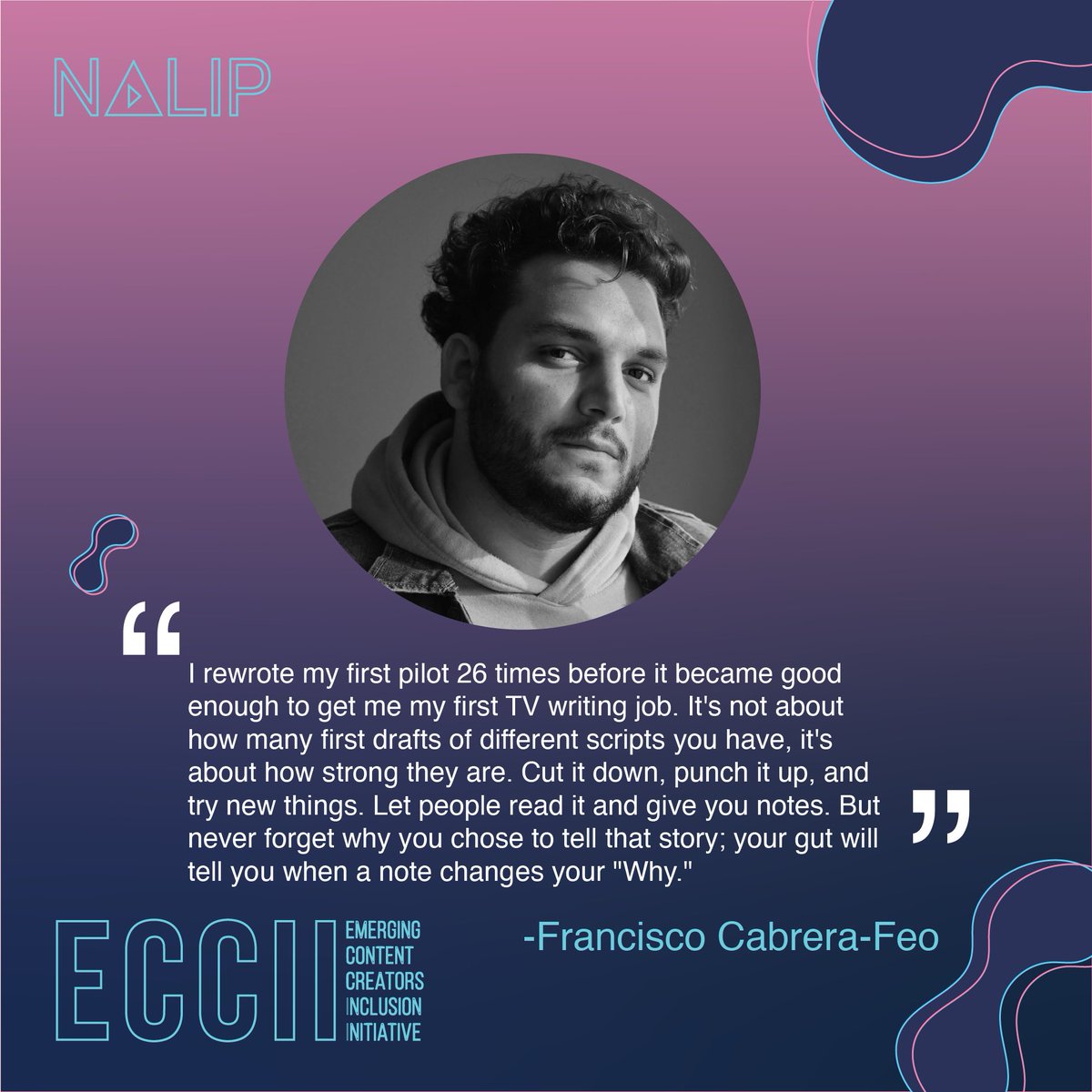 NALIP_org's tweet photo. Francisco Cabrera-Feo (@iamfrancabrera) is a Latino filmmaker, known for his writing in "Gentefield", was a mentor for #ECCII in 2021. As an ECC recipient, you can attend mentorship sessions with professionals to gain insight &amp; advice. Apply now: https://t.co/ufoEaxJCFL https://t.co/YAUwNAGMBr