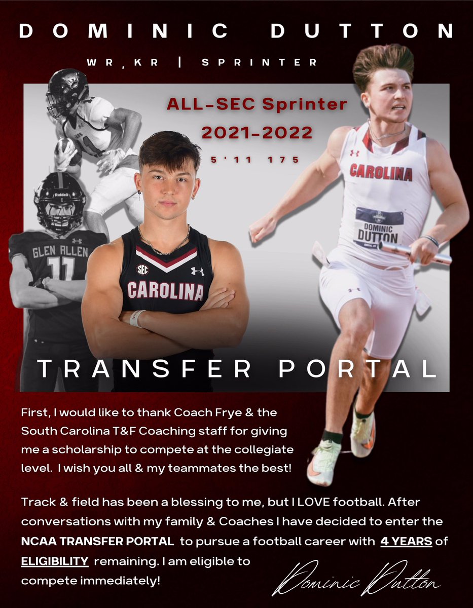 DomxDutton's tweet photo. I’m grateful for the scholarship that @GamecockTrack gave me! As a Freshman I was blessed to be named All-SEC &amp; an All-American Honorable Mention. Moving forward I want to attend a University where I can compete both on the Track &amp; on the Football field! I’m eligible immediately! https://t.co/zDxHSjnu4q
