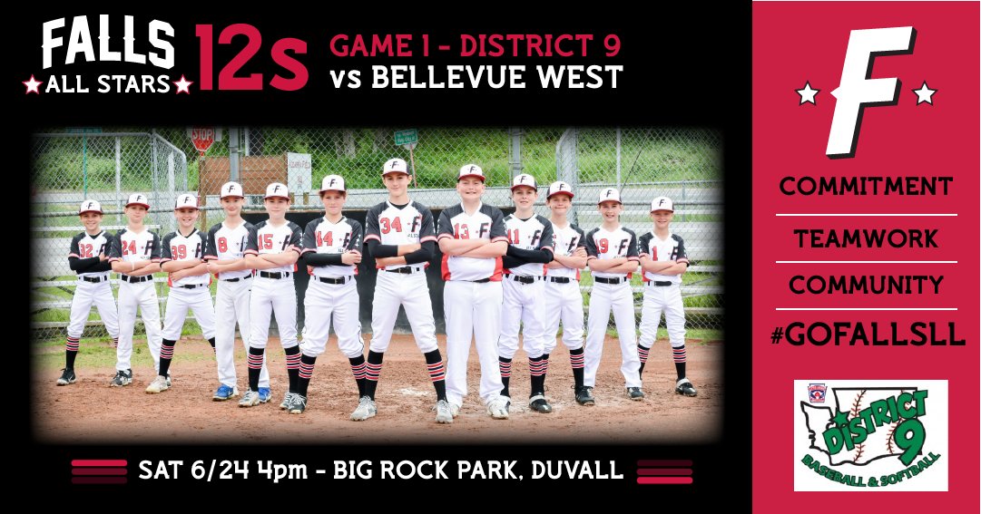 FallsLL's tweet photo. 𝐂𝐨𝐦𝐞 𝐬𝐮𝐩𝐩𝐨𝐫𝐭 𝐭𝐡𝐞 𝟐𝟎𝟐𝟐 𝐅𝐚𝐥𝐥𝐬 𝐋𝐋 𝟏𝟐𝐬 ⚾ 𝐀𝐥𝐥 𝐒𝐭𝐚𝐫𝐬. District 9 tournament games start this Saturday and the 12s s take the field against Bellevue West. 6/25 4pm at Big Rock in Duvall.  Access 12s/Majors bracket: https://t.co/HPic05AOgG #GoFallsLL https://t.co/lg7jFQfsPC